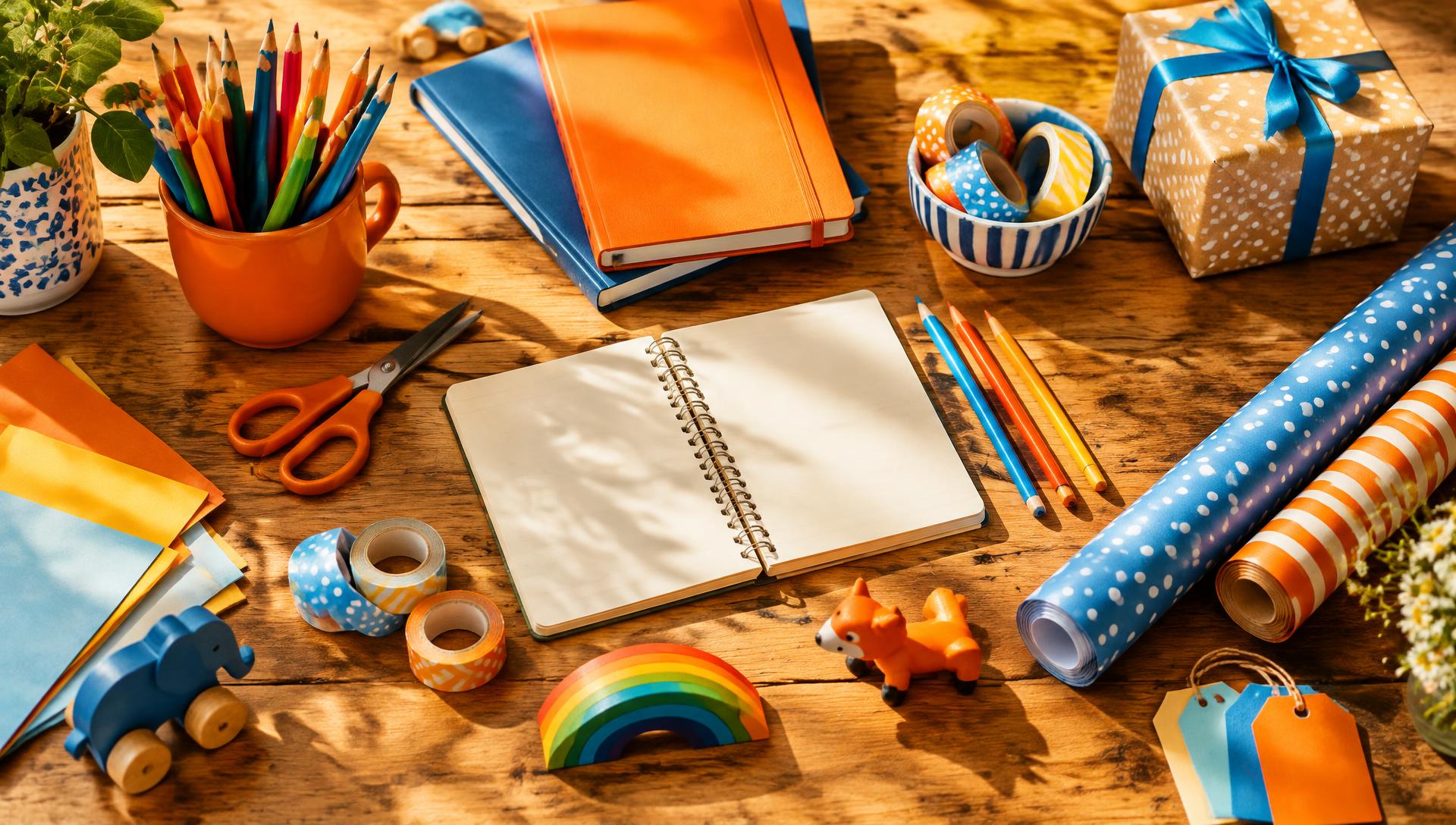 Artigos de papelaria coloridos sobre mesa de madeira